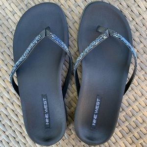 Nine West black satin beaded sandals